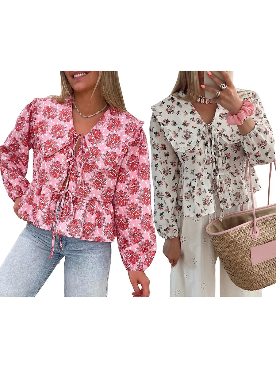 Floral Print Babydoll Tops for Women Casual Loose Doll Collar Open Front Tie-Up Ruffled Hem Long Sleeve Blouse for Fall