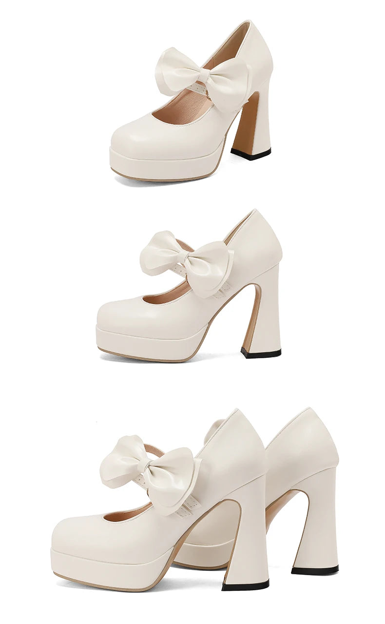 Plus Size Women's Bow Mary Janes Platform Chunky Heels Ankle Strap High Heel Pumps Sweet Lolita Party Dress Shoes