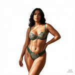 French vintage green floral embroidery lingerie set - Sexy see-through chiffon bra and panties set ZA824026