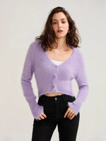 Fall Winter Women Button Down Cropped Knit Cardigan Solid Color Knitwear Fuzzy Long Sleeve V-Neck Loose Sweater