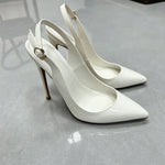 Women White Patent Leather Slingback Pumps Pointed Toe Thin Stiletto High Heels Buckle Strap Dress Shoes for Wedding Party Offic