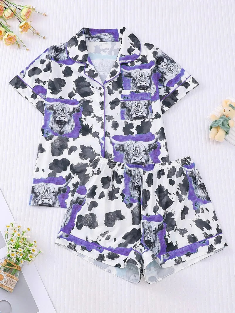Women Halloween Print Pajama Set Turn‑down Collar Short Sleeve Button Down Shirt + Shorts Sleepwear Ladies Home Loungewear Suit