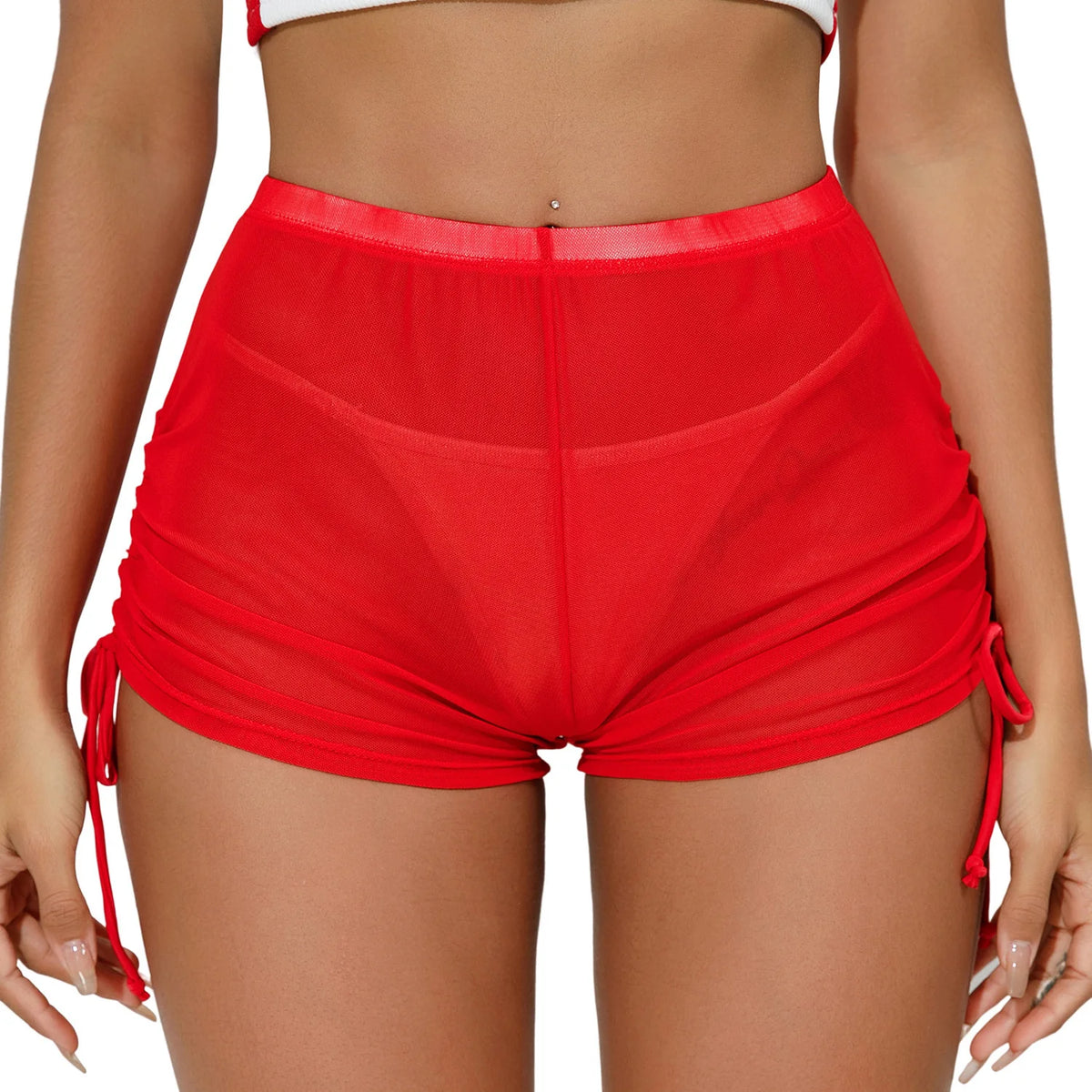 New Mesh Transparent High Waist Elastic Casual Shorts Sports Shorts For Women Wrinkle Drawstring Binding Charming Elegant FSKK