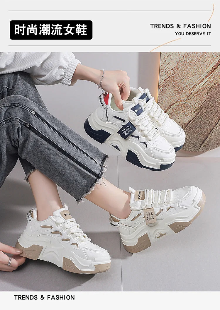 Women Platform Sneakers Autumn Trend Casual Flats Female Fashion Lace Up Thick Soled Comfortable Increase Vulcanized Shoes2024