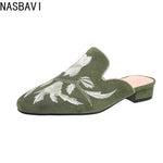 NASBAVI Fashion 3d Embroidery Mules Women Fur Slippers Velvet Shoes Ladies Low Heel Flower Decoration Sandals Women's Flip Flops