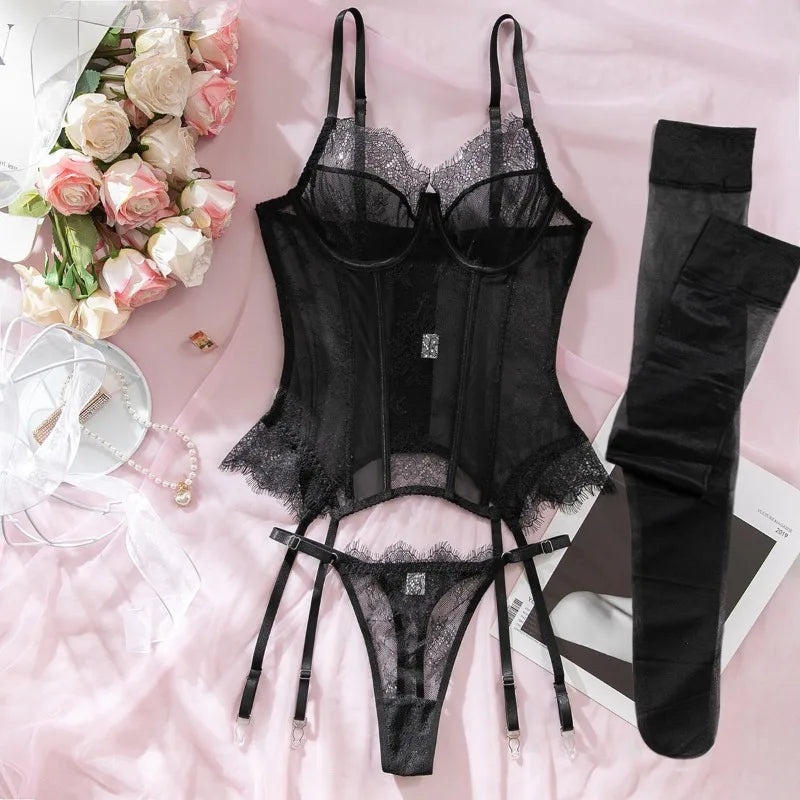 Toucheart Erotic Sexy See-through Lace Sling Women's Fishbone Breast Button Push-up Waist Women Hot Sexy Lingerie with Stockings