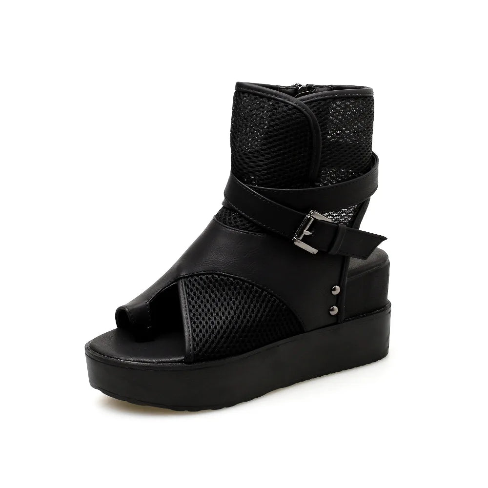 2026 Sexy Black Women Wedge Platform Sandals Summer Ladies Cool Boots Zipper Open Toe Sandalias Breathable Female Roman Shoes