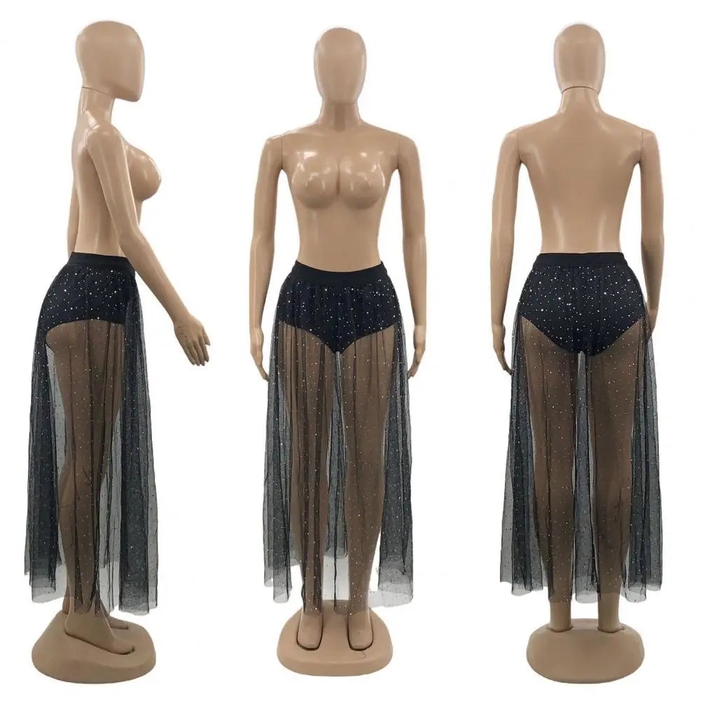High Waist Pleated Lace Mesh Yarn Skirt Sexy Perspective Skirt Elastic Shiny Rhinestones Decor Maxi Skirt Nightclub Daily Wear