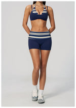 Breathable Striped Patchwork Yoga Clothing Women Fake Two-piece Sports Bra Folding High Waist Shorts Gym Running Fitness Suit