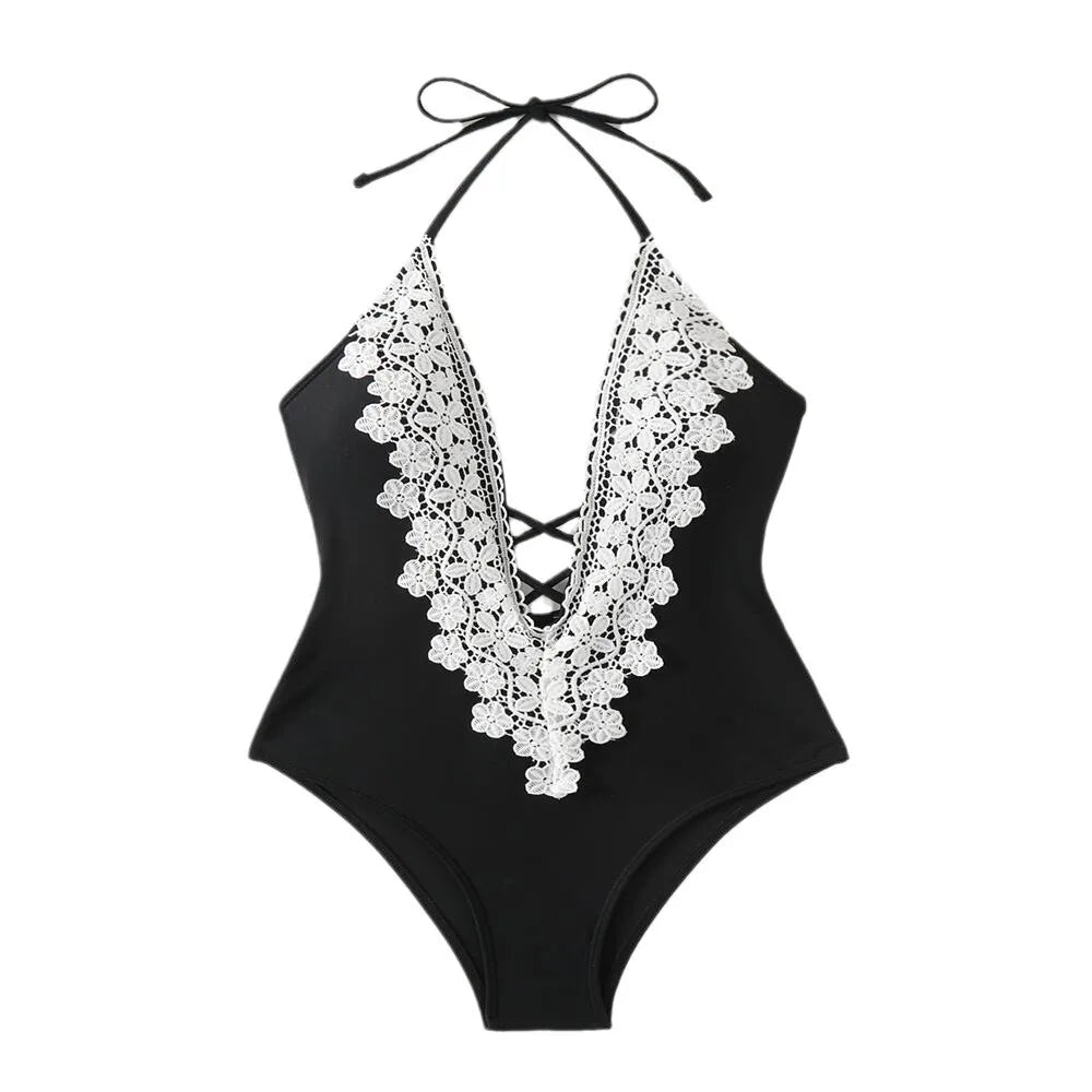Sexy Push Up Tummy Control Swimwear Women Black Plunge Neck Padded One Piece Swimsuit Lace Beach Bathing Suit Bodysuit Monokini