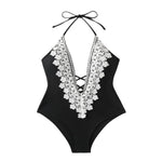 Sexy Push Up Tummy Control Swimwear Women Black Plunge Neck Padded One Piece Swimsuit Lace Beach Bathing Suit Bodysuit Monokini