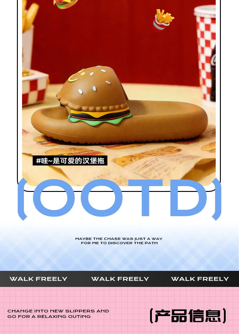 CartoonCutesy3D Sesame Burger Slippers for Women, Summer Outdoor & Home Wear, Anti-Slip Thick Soles, Flat Back Slides,Flip Flops