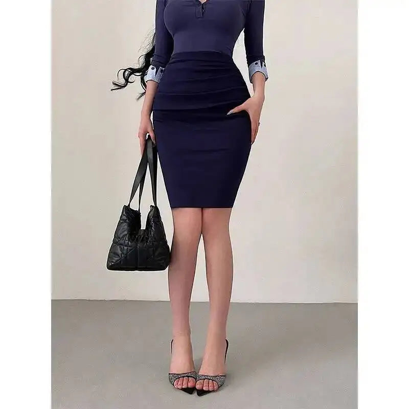 Korean Pure Desire Sexy OL High Waist Ruched Hip Slit Mid-Length Bodycon Skirt Fashion Sexy Women Mini Skirts 2026 New BL9X