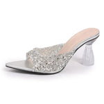 Elegant Pointed Toe High Heels Slippers Women Summer Fashion Clear Crystal Heel Sandals Woman Shiny Sequins Banquet Party Shoes