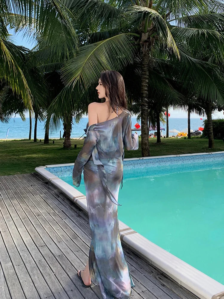 Korean Swimsuit 2025 Women Sexy Black Tie Dye Long Sleeve Cover UpLong Skirt 4 Piece Bikini Set Bathing Suit Vacation Swimwear