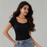 Women's Summer Solid Color Basic T-Shirts Casual Slim Fit Stylish Lace Trim Bow Crew Neck Short Sleeve Crop Tops