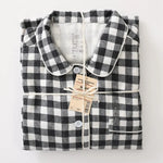 Men Brushed Cotton Vintage Plaid Stripe Pajama Set Lapel Collar Long Sleeve Top Pants Home Sleepwear Loungewear