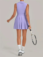 Summer Women Solid Tennis Dresses Sleeveless Turn Down Collar Pleated Skirts with Detachable Pocket Shorts Slim Yoga Golf Dress
