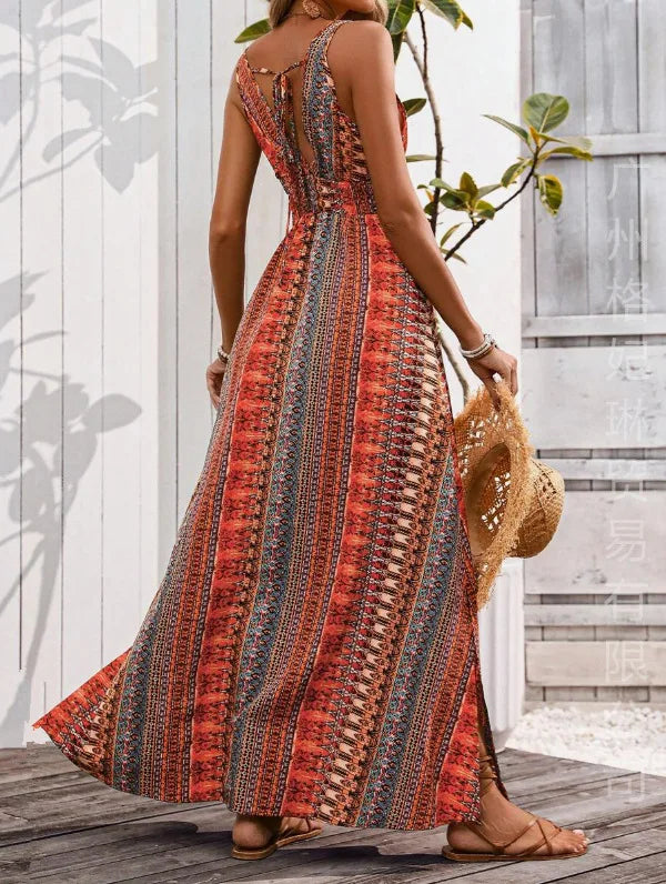 Bohemian Style Print Sleeveless Long Dresses Women Summer V-neck Backless Leace-up Slit Dress Casual Lady Vacation Vestidos