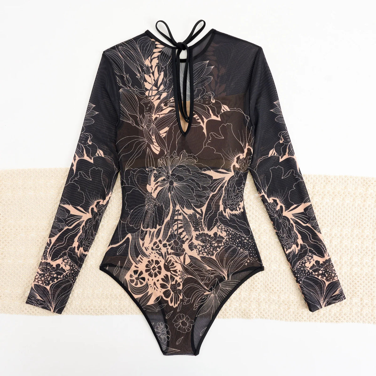 Vintage Black Floral Print One Piece Swimsuit Women Summer Long Sleeve Slim Fit Swimwear Skirt Set 2025 Holiday Bathing Suits