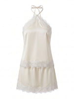 Women's Summer Satin Skirt Outfits Lace Trim Sleeveless Halter Camisole Tops with Mini Skirt 2 Piece Sets Retro Daily Date Wear