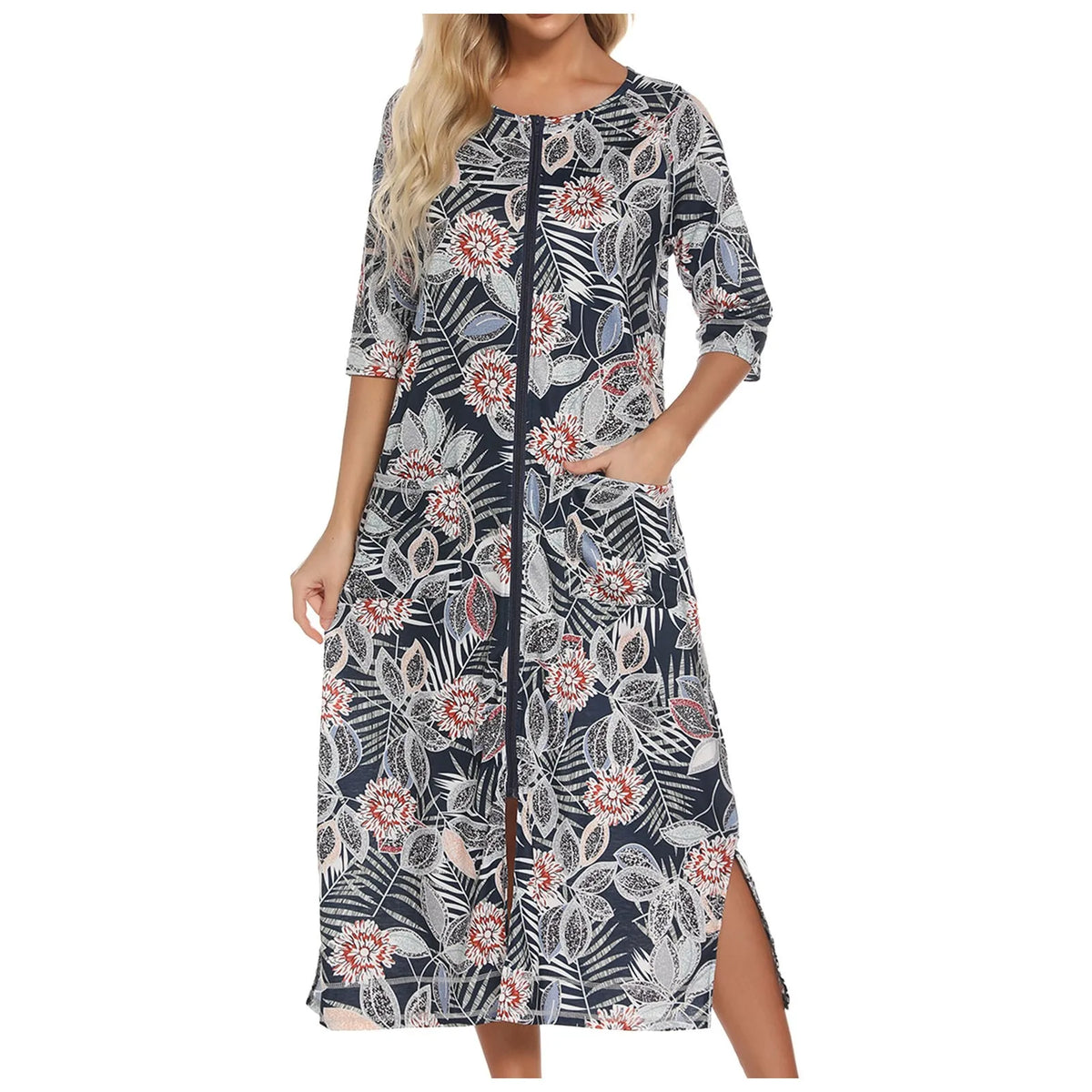 Summer Dresses For Women 2024 Zipper Front Robe Half Sleeve Bathrobe Full Length Soft Cotton Duster Dress With Pockets Home Wear