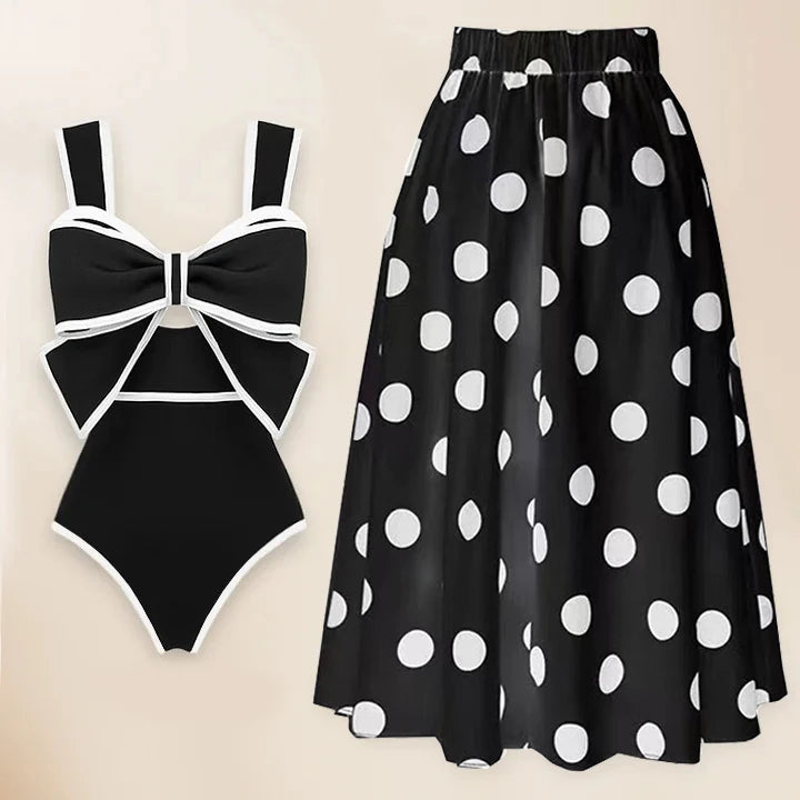 2024 Black White Retro One Piece Swimsuit Women Bow Tie Swimwear with Skirt Sexy Bathing Suit Monokini Beach Bodysuit Beach Wear