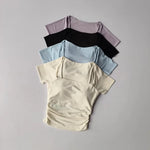 Women's yoga fitness short sleeved T-shirt, fixed chest cushion mesh fake two-piece yoga training fitness top
