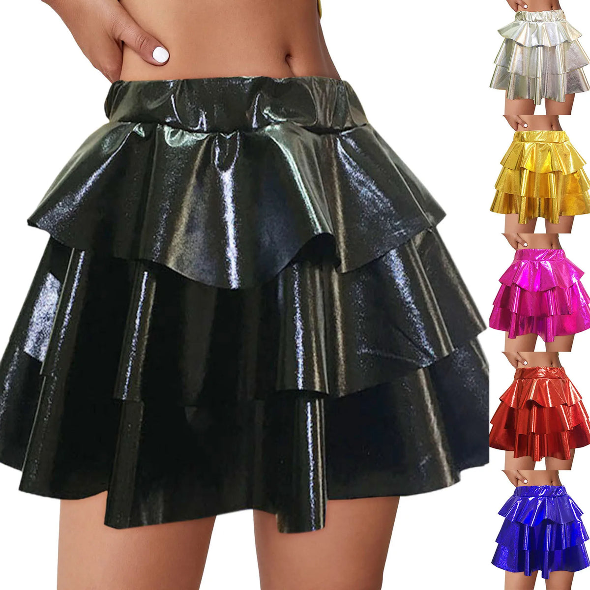 Women's Gold Metallic Tiered Mini Skirt Elastic High Waist Shiny Pu Ruffle Hem Party Skirts Dance Performance Festival Outfits