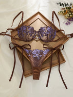 Purple Floral Embroidery Fishnet Lingerie Set Women Sheer Underwire Bra Side Tie Thong Sexy Ladies Underwear ZA825200