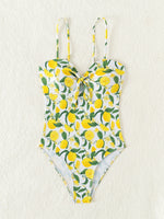 2026 New Yellow Fruit Print Bikini Suspender Backless Sexy One Piece Swimsuit High Waist Hollow Out Beach Vacation Bathing Suit