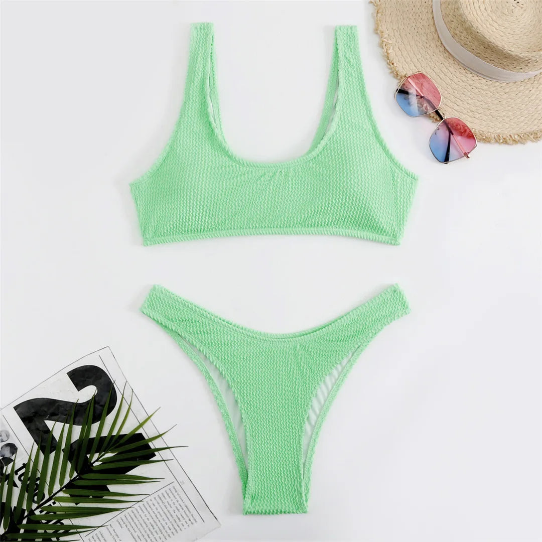 8 Colors High Cut Wrinkled Crinkled Bikini Female Swimsuit Two-Pieces Bikini Set Women Swimwear Bather Bathing Suit Swim V3461C