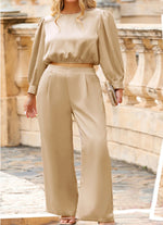 Women's 2-piece casual color Ding set 2024 autumn casual long sleeved top, loose pants can be worn as outerwear home suit set