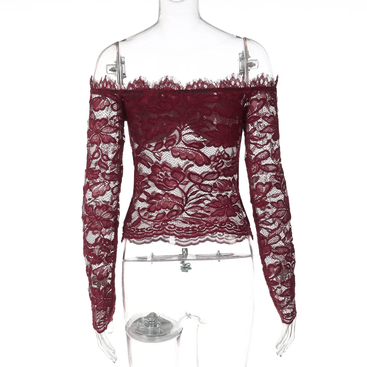 FDYOUI 2026 Spring Summer Wine Red Lace T-shirts for Women Slash Neck Slim Crop Tops Sexy Elegant See-through Short Tee Shirt