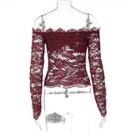 FDYOUI 2026 Spring Summer Wine Red Lace T-shirts for Women Slash Neck Slim Crop Tops Sexy Elegant See-through Short Tee Shirt