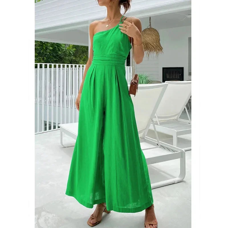Foridol Waist Folds Backless Double Strap Casual Wide Leg Jumpsuit Long Pants Green 2025 New Female LooseJumpsuit