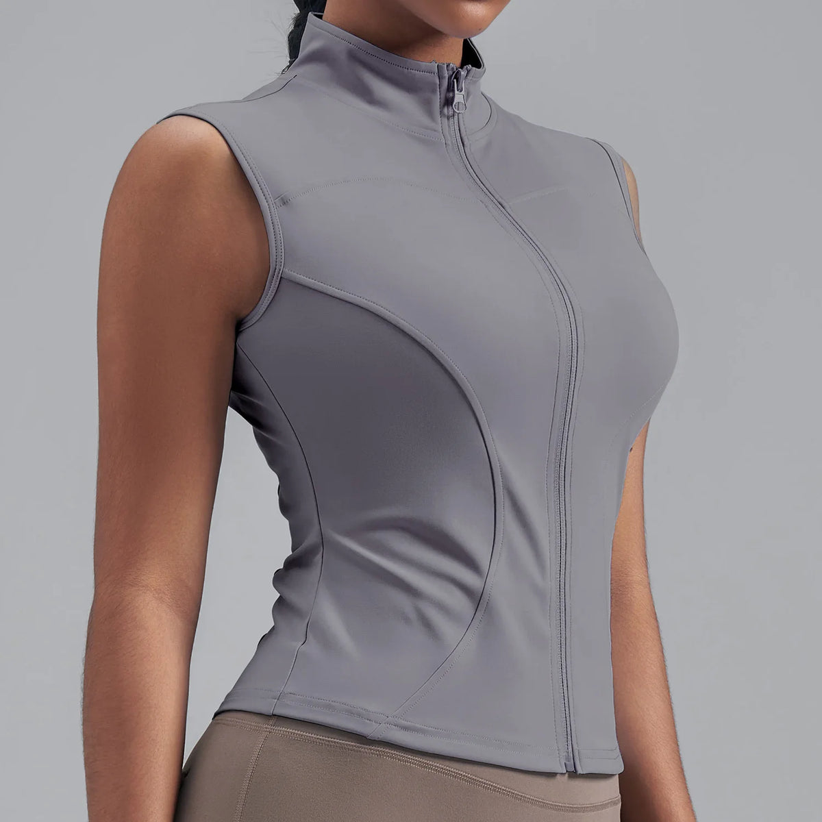 Women Zipper Yoga Shirts Solid Stand Up Collar Elastic Slim Fit Sports Jacket Breathable Sleeveless Sunscreen Workout Clothes