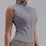 Women Zipper Yoga Shirts Solid Stand Up Collar Elastic Slim Fit Sports Jacket Breathable Sleeveless Sunscreen Workout Clothes