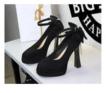 BIGTREE Women's Pointed Toe High Heels Back Bowknot Elegant Flock Ankle Strap Pumps for Women Black Dress Shoe Wedding Party
