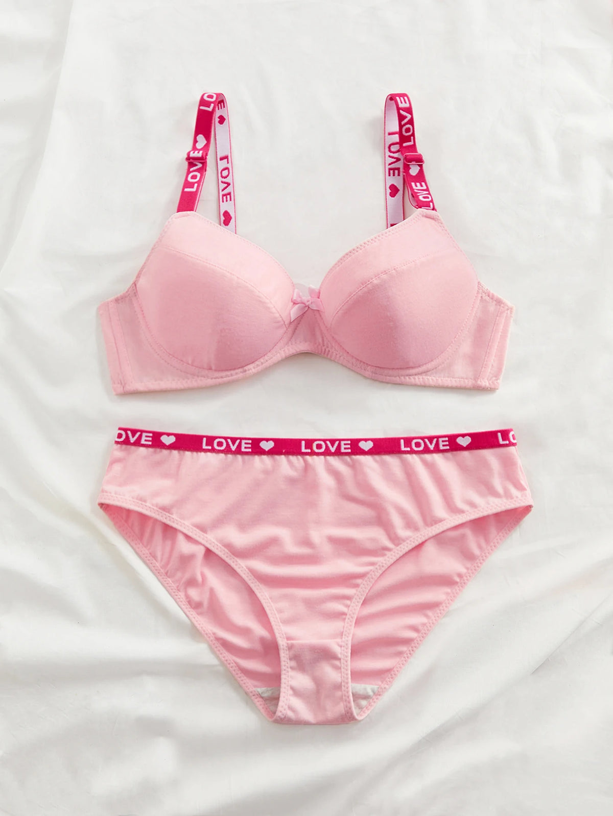 Simple Pink Women Bra Set Letter Strap Underwire Push Up Brassiere Sweet Bow Daily Wear Underwear Set