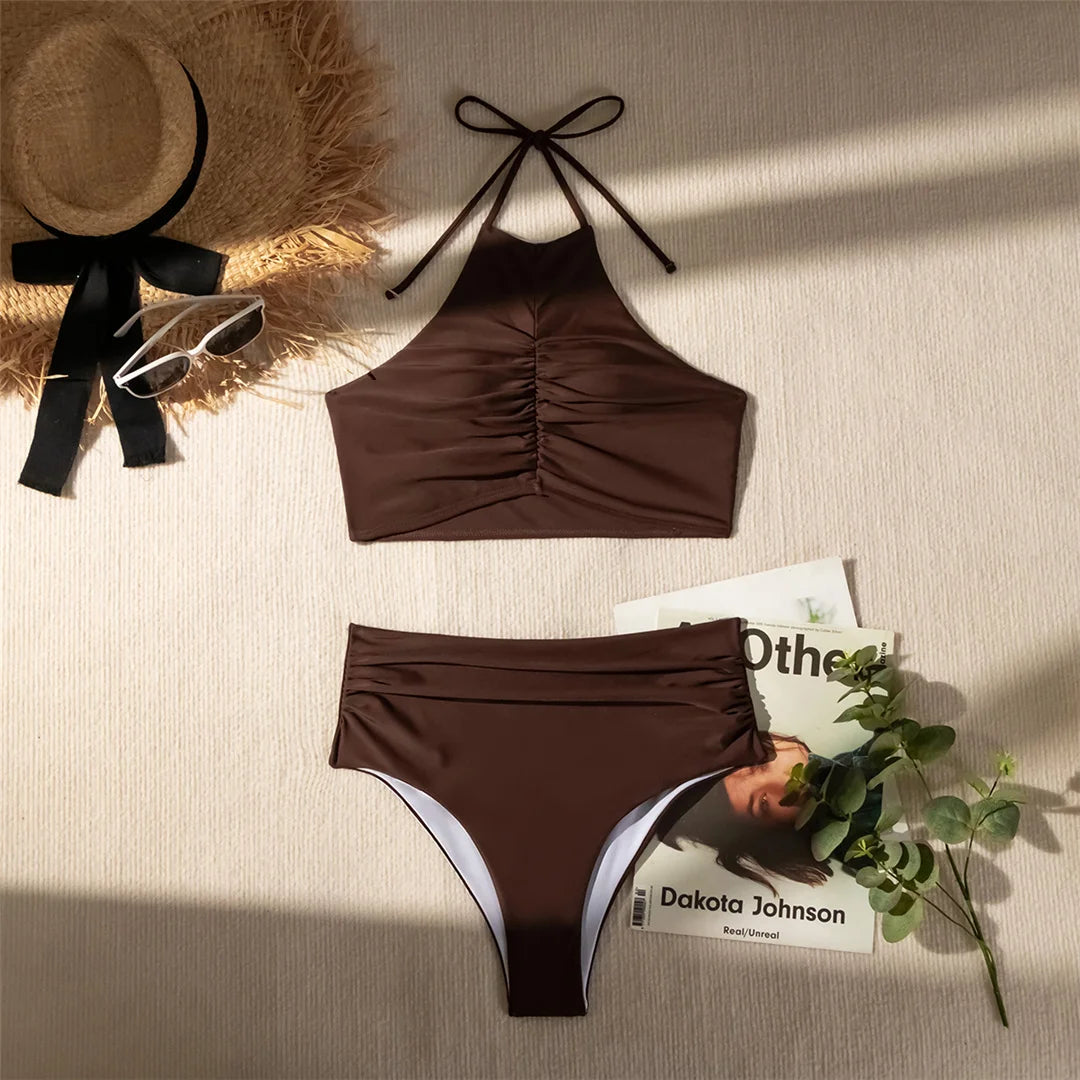 Halter Wrinkled High Neck Female Swimsuit High Waist Bikini Women Swimwear Two-pieces Bikini Set Bather Bathing Suit Swim V5616