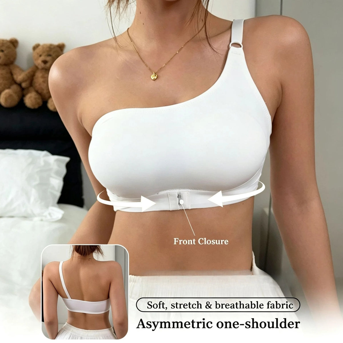 Asymmetric One‑Shoulder Sports Bra, Front Closure Wireless Padded Bra Soft Stretch Breathable Daily Underwear for Women