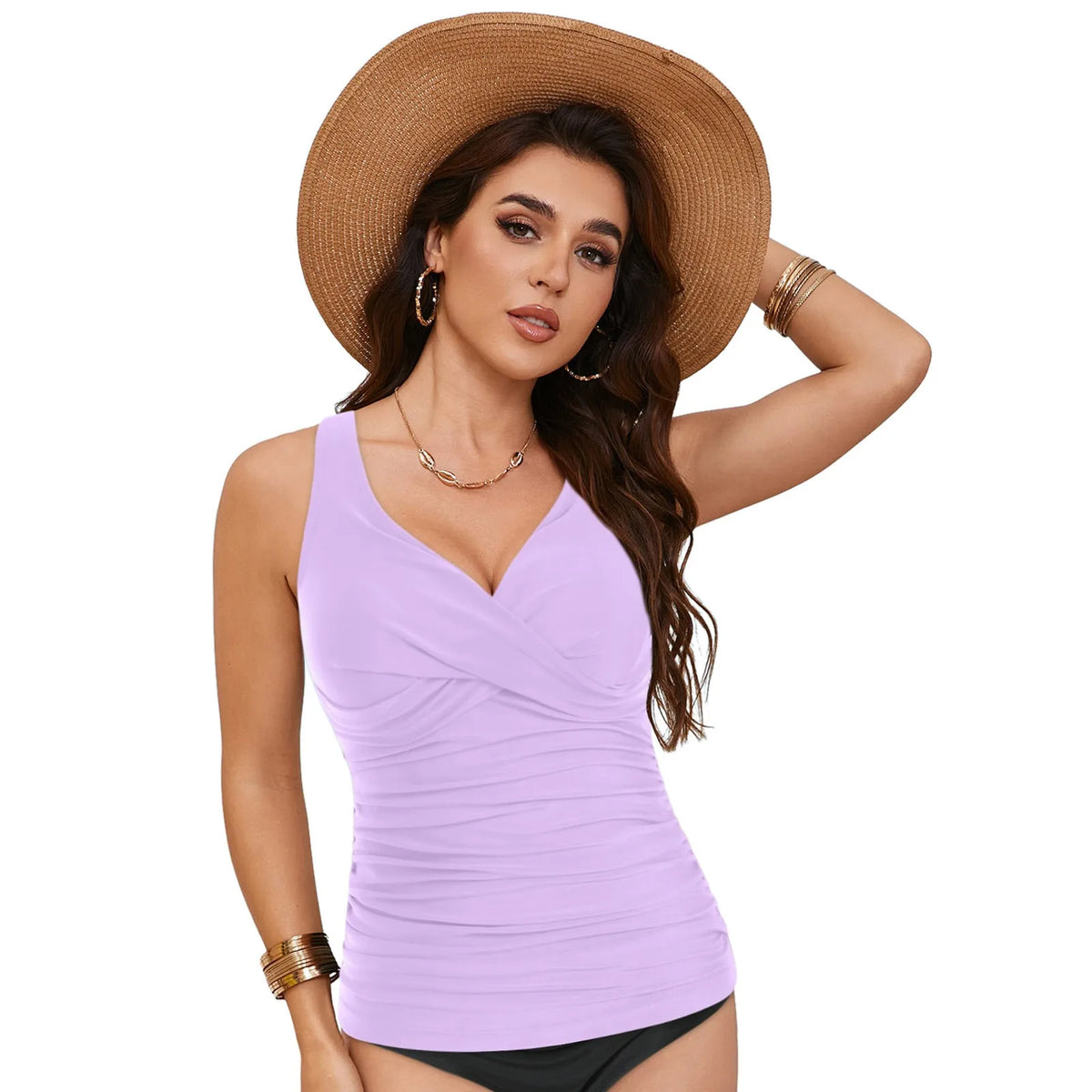Women Bikini Tankini Top Front Knot Ruched Swimsuit V Neck Bathing Suit Swim Top Cross Back Swimwear Tops Summer Beach Wear