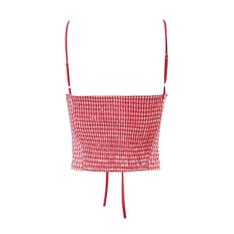 Sweet Girly Plaid Polka Dot Print With Drawstring Tie For Vacations Red Gingham With Bow Scallop Trim Fitted Bustier Style X6P8