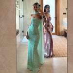 FDYOUI Luxury Bandage Sequins Evening Party Dresses for Women Sexy Strapless Off Shoulder Backless Split Slim Long Wedding Dress