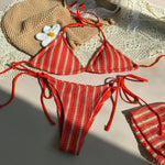 Sexy Green Orange Striped Bikini Set Women Halter Push Up High Waist Panties 3 Piece Swimsuit 2026 Summer Bathing Suit Swimwear