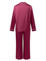Women's Satin Two Pieces Pajama Sets Fashionable Contrast Color Trim Long Sleeve Button Down Tops with Pants Soft Sleepwear