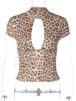FDYOUI 2026 Summer Hollow Out Backless T-shirts Women's Sexy Short Sleeve Leopard Print Tee Shirt Lady Slim Crop Tops Streetwear