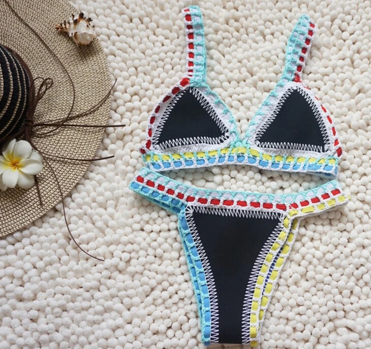 Bikini Crochet 2026 Handmade Knit Patchwork Reversible 2 Piece Swimsuit Women Halter Top Brazilian Bathing Suit Thong Swimwear