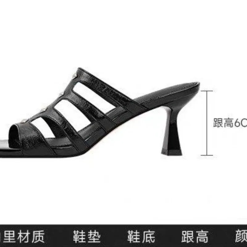Low-heeled Hollowed-out Sandals for Women, 2026 Summer New Style, Square Toe, Elegant High Heels
